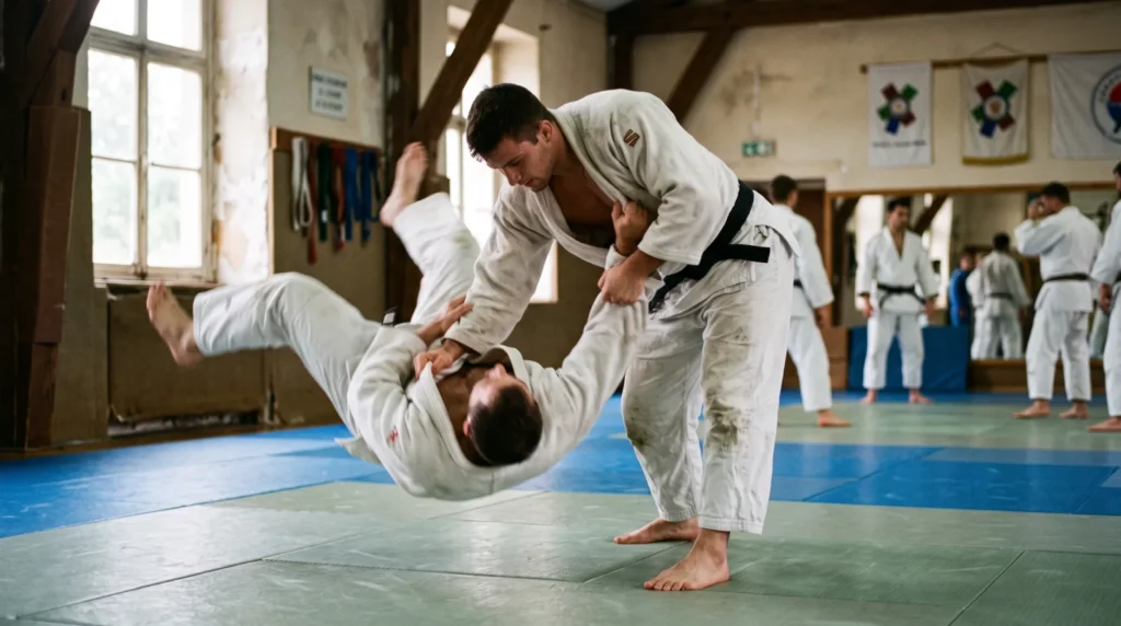 Judoka in allenamento sul tatami