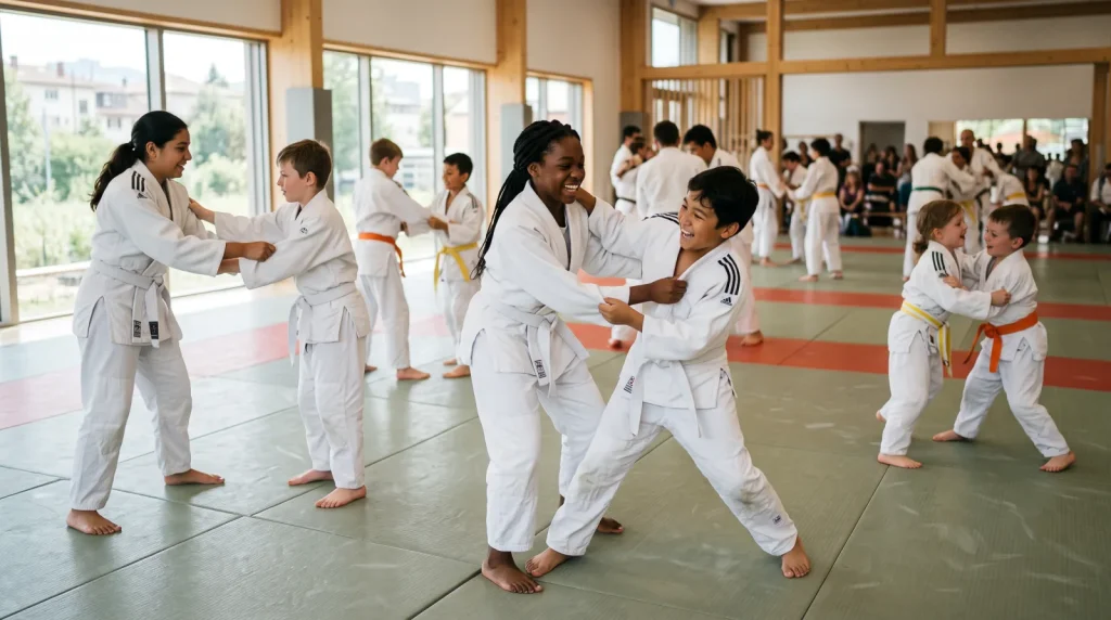 Gruppo di giovani judoka che si allenano insieme in un dojo luminoso