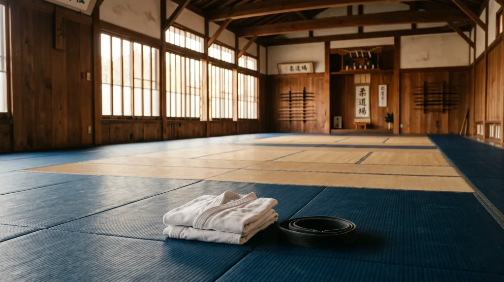 Tatami e judogi ripiegato in un dojo illuminato dalla luce naturale