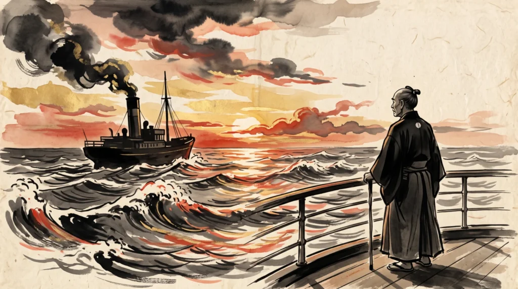 Illustrazione sumi-e di un anziano maestro giapponese che osserva il tramonto dal ponte di un piroscafo