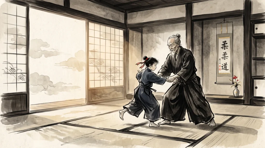 Illustrazione sumi-e di un giovane studente giapponese che si allena in ju-jutsu con un maestro