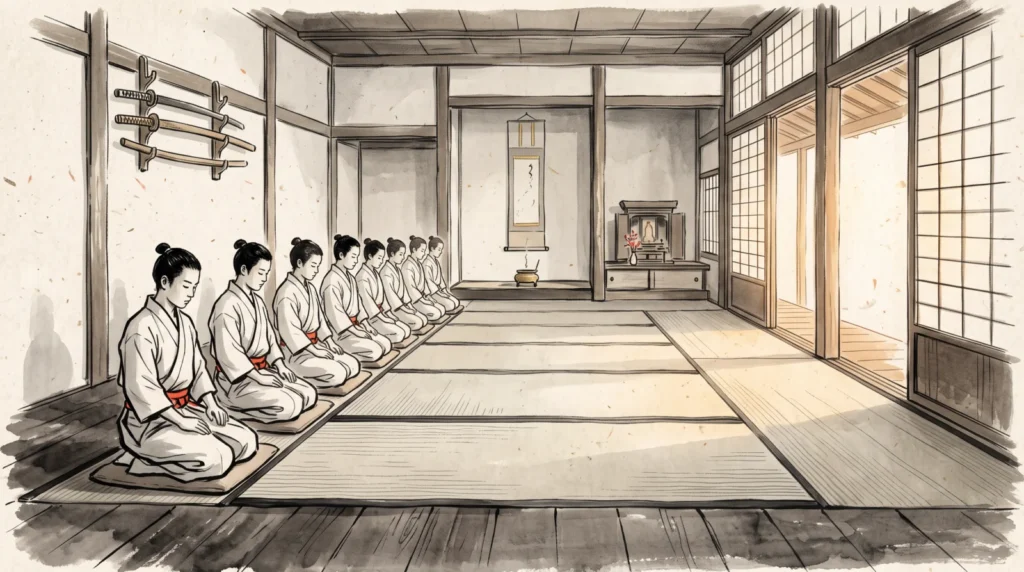 Illustrazione sumi-e dell interno del primo dojo Kodokan con i primi allievi