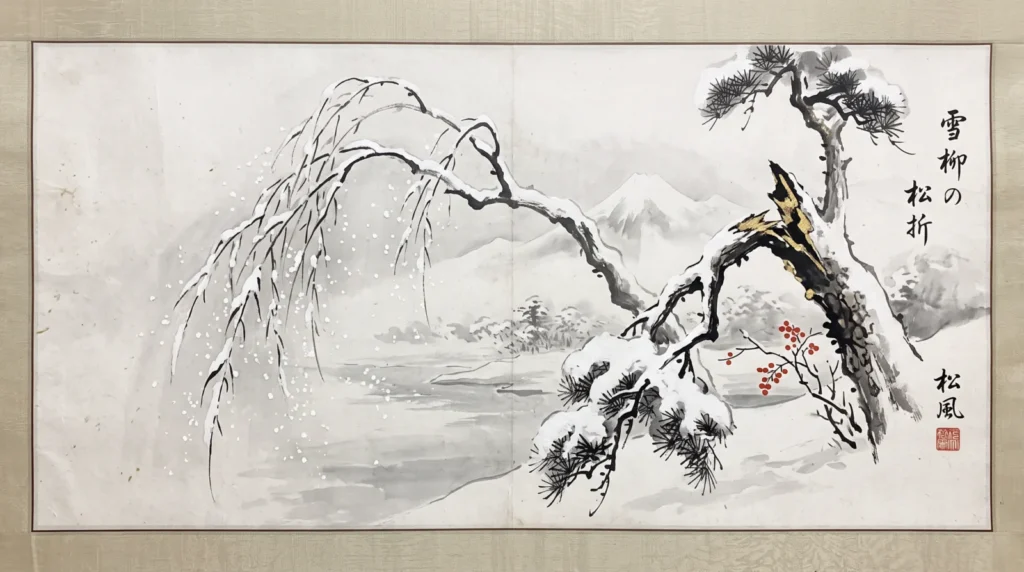Illustrazione sumi-e di un ramo di salice piegato dalla neve accanto a un ramo spezzato