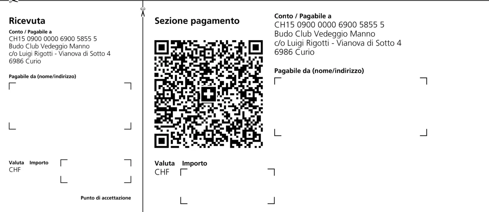 Esempio di polizza di pagamento QR per il versamento della quota